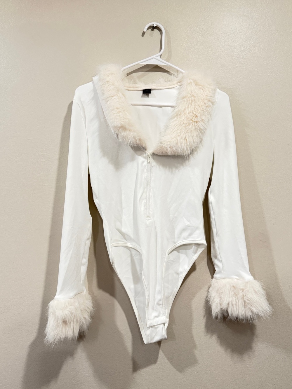 Faux-Fur Trim White Bodysuit Top